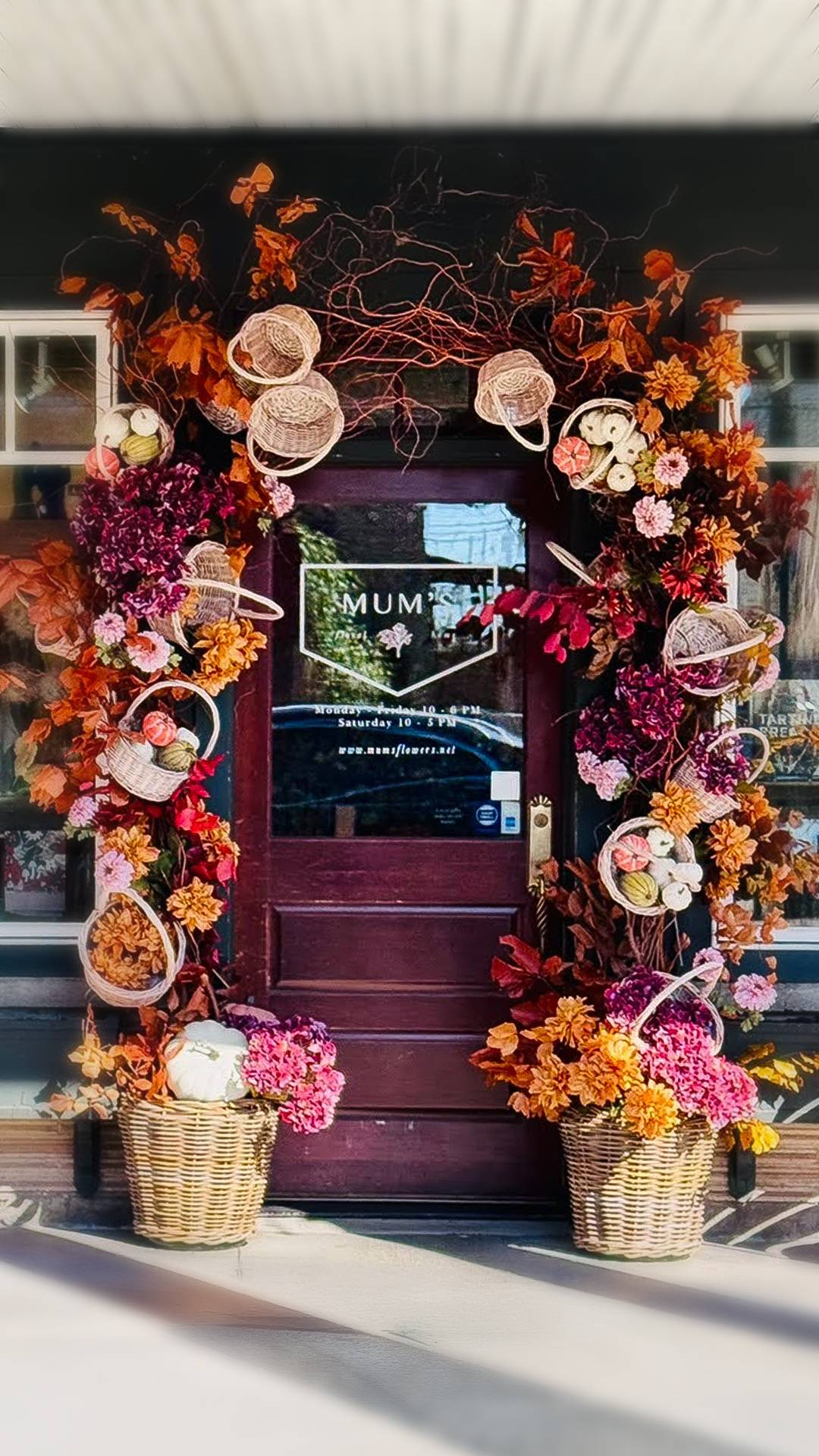 Fall floral door display at Mum's in Whitefish, MT