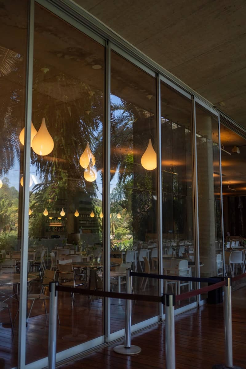 Glass wall reflects a restaurant with pendant lights.