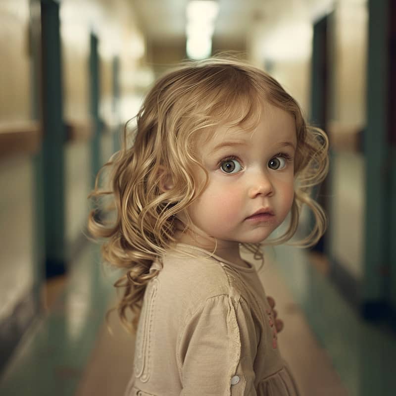 female toddler with double eyelids, wavy hair, in a hallway of school, looking back, long shot --v 6.0