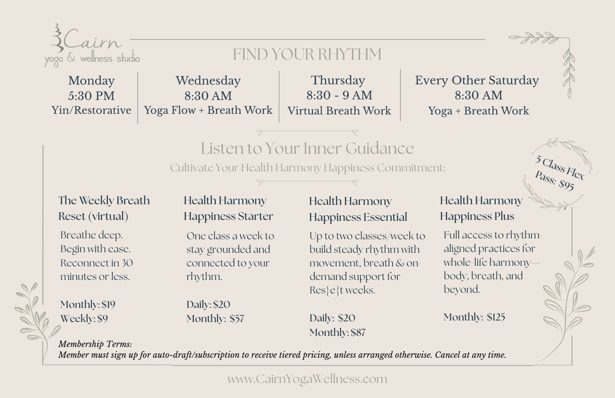 Cairn Yoga Wellness Studio Class Schedule and Rates