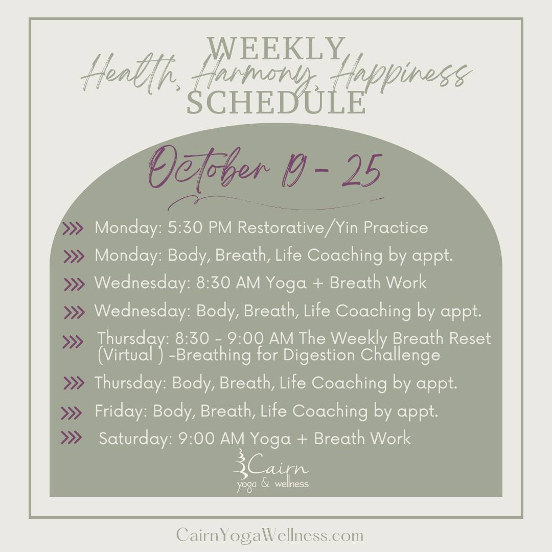 Cairn Yoga Wellness Weekly Schedule October 19 - 25