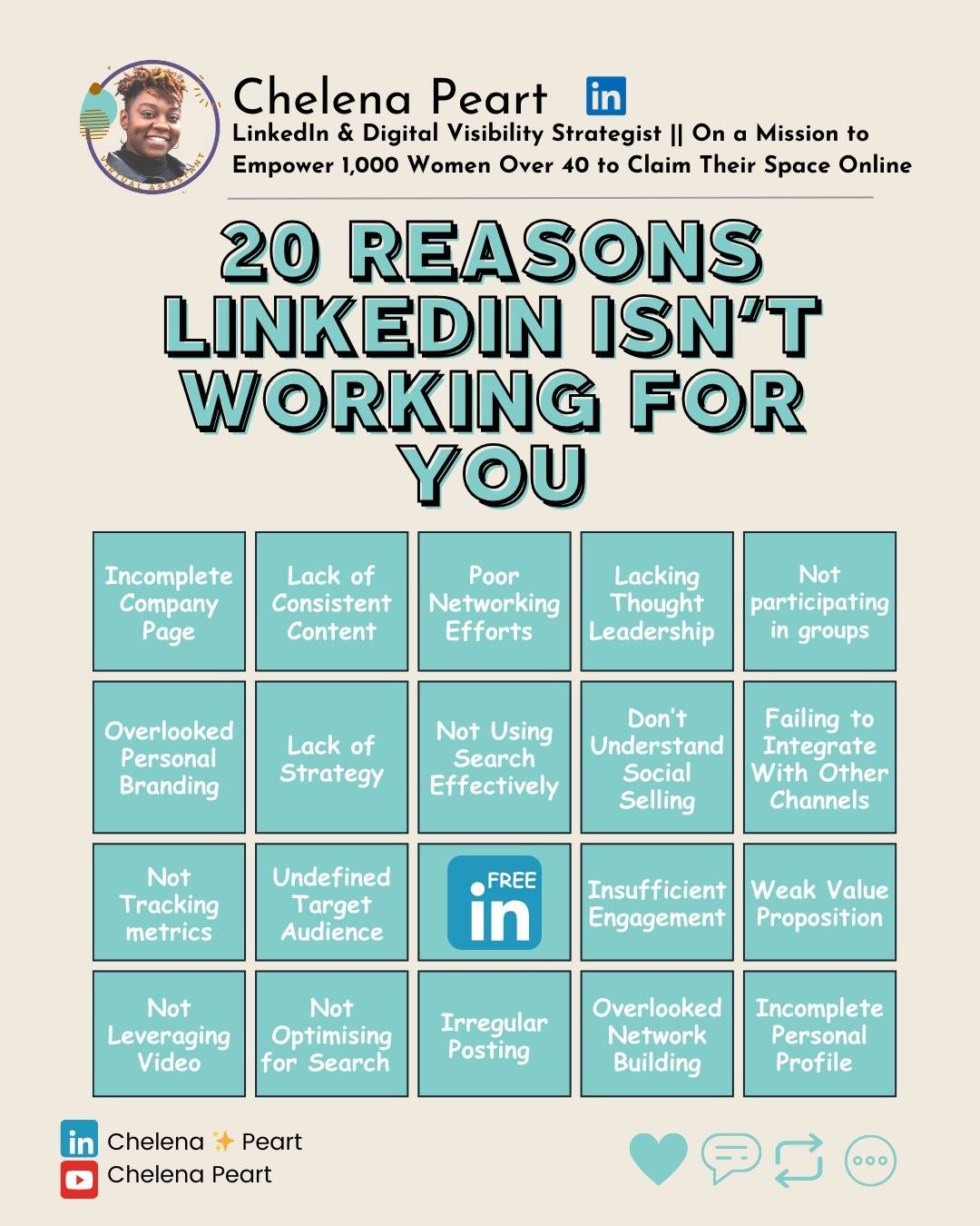 How would you score your LinkedIn use? Find out with this fun bingo-style quiz! Score yourself and see where you stand👇🏾

Now, tally up your points and see where you fall on the scale:

 🟢 0-5 Points: You could do with a quick brush-up..You should check out my video course for some essential tips!

🔸 6-14 Points: Sis! You need to be a part of my free community and take my group coaching program starting next month.

🔻 15+ Points: I need to hold your hand immediately! Let's work together to transform your LinkedIn presence.

If you find yourself with a higher score, don't worry! It's a great starting point to identify areas of improvement. Whether it's enhancing your profile, engaging more consistently, or leveraging advanced LinkedIn features, there's always room to grow.

Are you ready to level up your LinkedIn game? Here are some of my resources which will defo help you:

📩 Stay Updated: Subscribe to my free weekly email newsletter for practical, actionable videos and resources delivered straight to your inbox.

🖥 Quick Brush-Up: LinkedIn Profile Optimisation Video Course

👥👥 Community Support: Join my community and get ready for our group coaching program starting next month!

👥 Personalised Help: Connect with me and lets discuss personalised consulting to see if we are a fit.

🔗 DM me for links to all these resources and I'll share them with you.

🫶🏾 Chelena ✨ Peart
♻️ Share if you found this useful