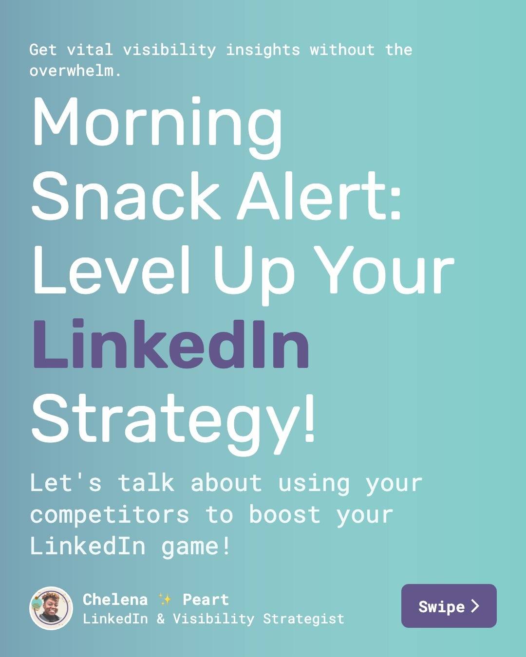 Ever wonder how to really make an impression on LinkedIn? 

Have you ever considered using competitor analysis to help you? 

No!

Well I want to share what I teach my clients so that they can tap into what their competitors are doing right on LinkedIn to enhance their own LinkedIn strategy. 

In the carousel today I am sharing key insights that will change the game for you. 

It’s all about learning, adapting, and getting visible...

Is it time you mastered LinkedIn? Have you been wanting to grow your brand over there but not really known how to get started?

Well I have a new free community of incredible women over the age of 40 who are turning their LinkedIn profiles from passive to powerful! 

Don't miss out on valuable strategies and shared wisdom that could level up your visibility and business opportunities. 

We actually have a 10 day visibility challenge coming up in a few weeks, so I invite you to join in!

Comment the word 'VAULT' in the comments or DM and I’ll share the details with you to join.

Can't wait to see you in the community and thriving on LinkedIn 

〰️〰️〰️〰️〰️〰️〰️〰️〰️〰️〰️〰️〰️〰️

🙋🏾‍♀️ This tasty breakfast snack was brought to you by Chelena ✨ Peart the founder of The Vault Virtual Agency. 

We help women to strategically leverage the online space, especially LinkedIn to grow their service/knowledge based business online

If you have a Q about LinkedIn, Visibility or leveraging the online space in general hop into my DMs 📥

#LinkedInLearning #StrategyWins #LinkedInCoach #LinkedIn #WomenInBusiness #VVA