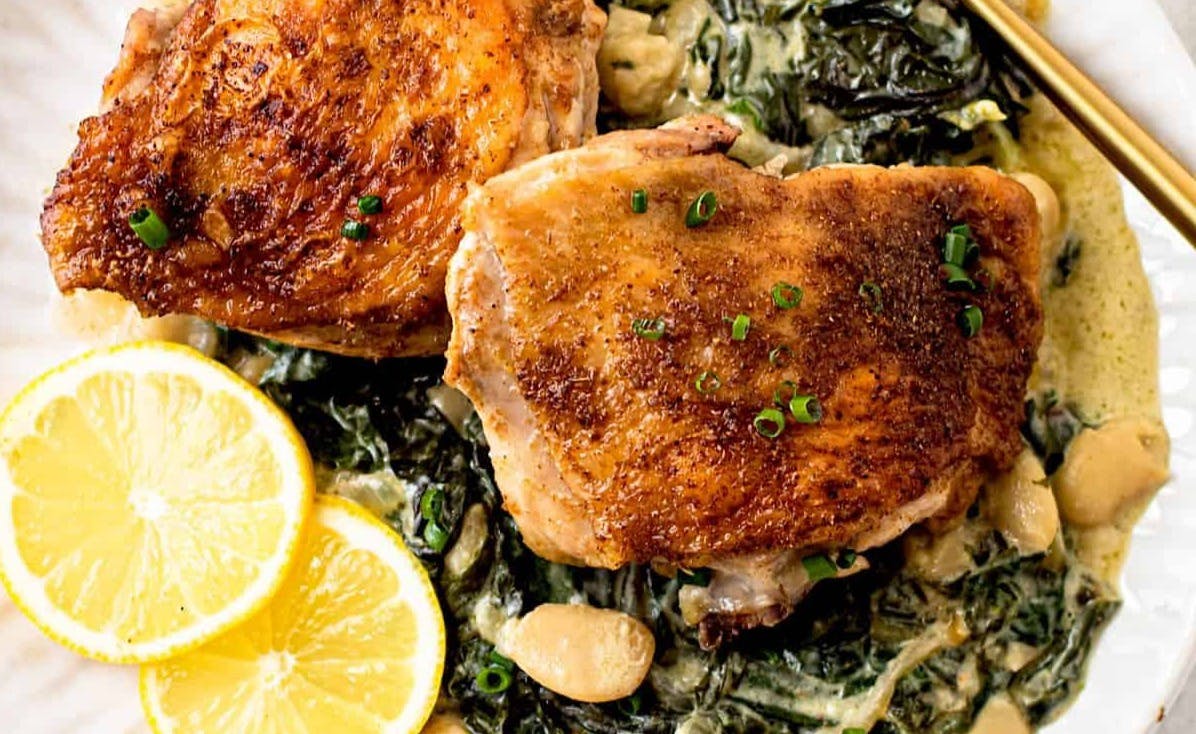 Baked Chicken Thighs with Lemony Greens