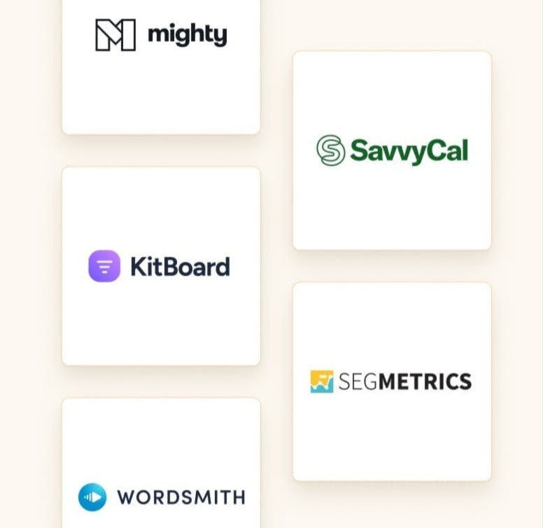 Grid showing Mighty, SavvyCal, KitBoard, SegMetrics, and Wordsmith logos