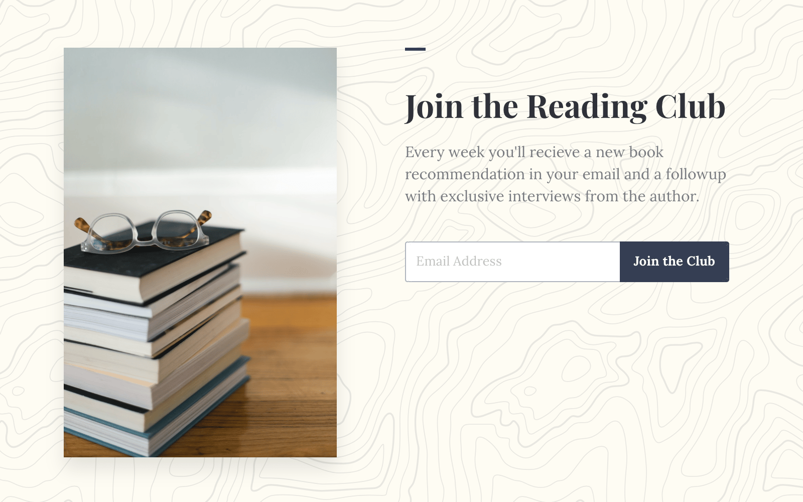 Screenshot of a sign-up page for a reading club, featuring a background with a subtle, wavy line pattern resembling topographic map lines.