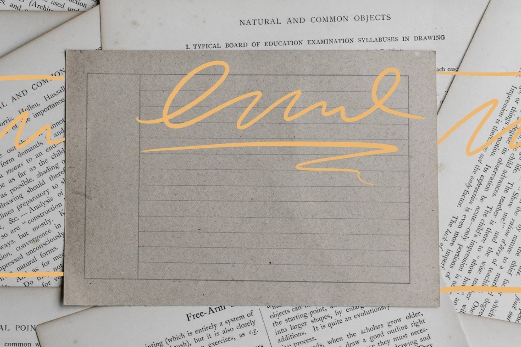 A vintage lined notecard with yellow handwritten scribbles on antique book pages