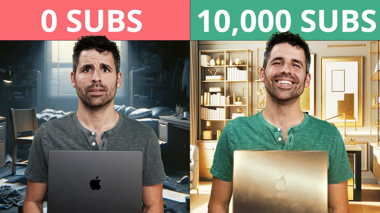 A split image with a confused writer on the left with a "0 SUBS" title. On the right is a happy writer with a  "10,000 SUBS" title