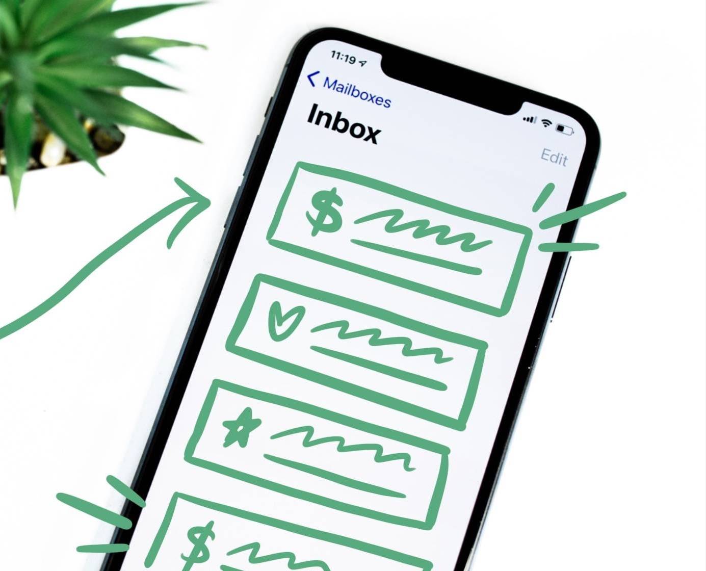 Phone inbox with illustrated email icons