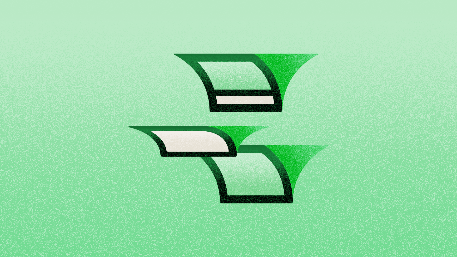 Illustration of two abstract green funnels evoking conversion or flow.