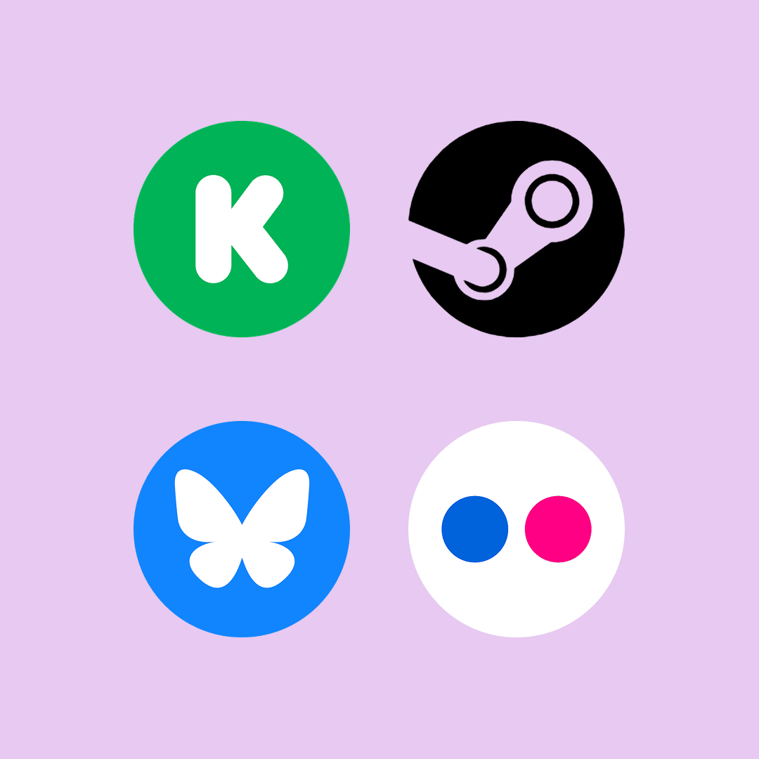  Logos of Kickstarter, Steam, Blue Sky, and Flickr 