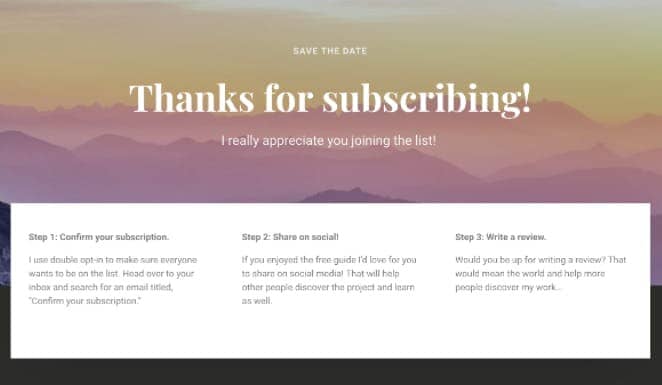 Screenshot of a 'Thank you for subscribing' confirmation page with a scenic background. The page provides three steps: Step 1 to confirm the subscription, Step 2 to share on social media, and Step 3 to write a review, encouraging subscribers to engage further.