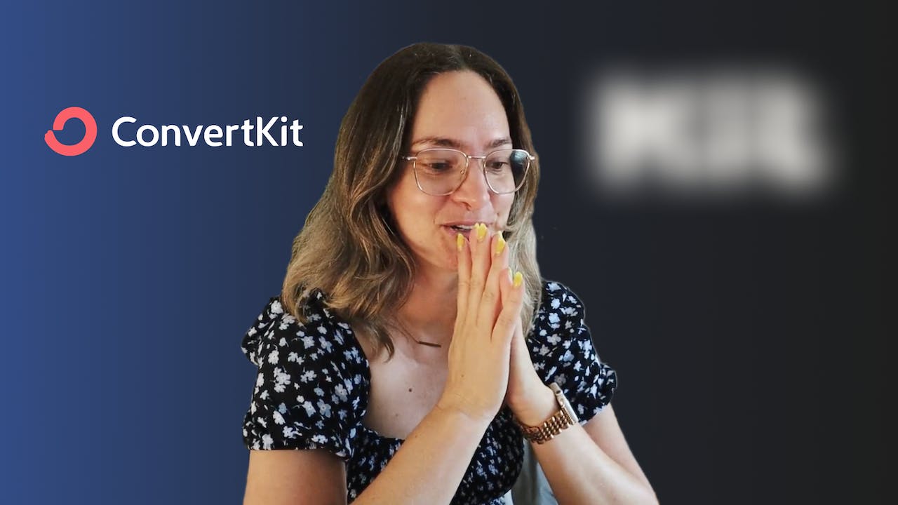 Screenshot of a woman looking stressed in between two logos, ConvertKit and a hidden one