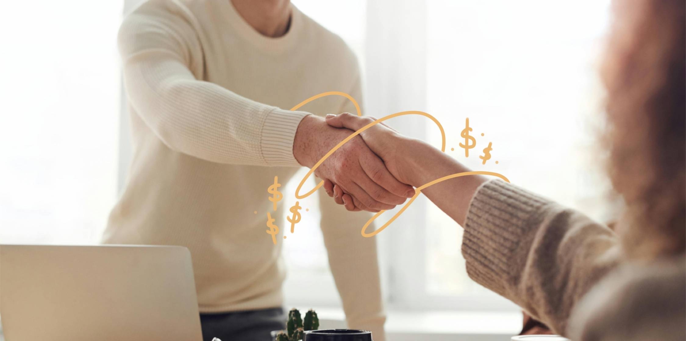 Two people shaking hands, with an illustrated dollar sign overlay.