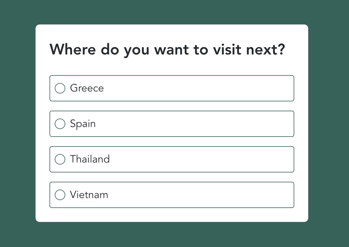 Screenshot of a Poll asking 'Where do you want to visit next?' with multiple-choice options: Greece, Spain, Thailand, and Vietnam.