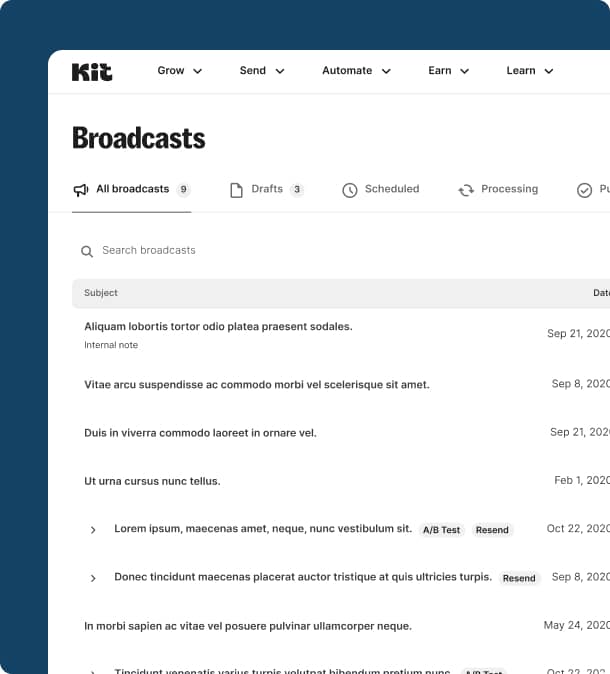 new Broadcasts page UI