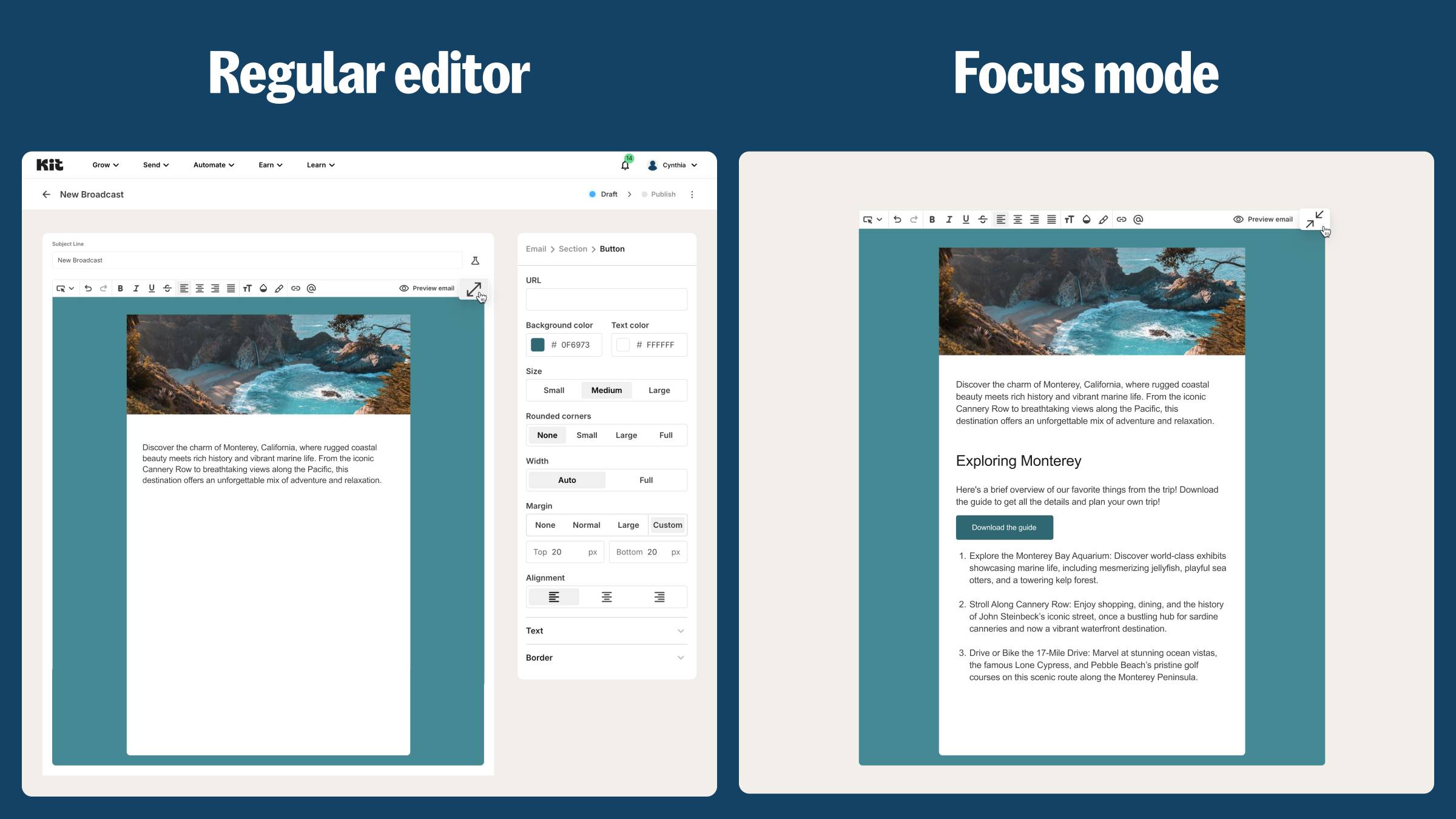 side by side look at the regular email editor and the new focus mode