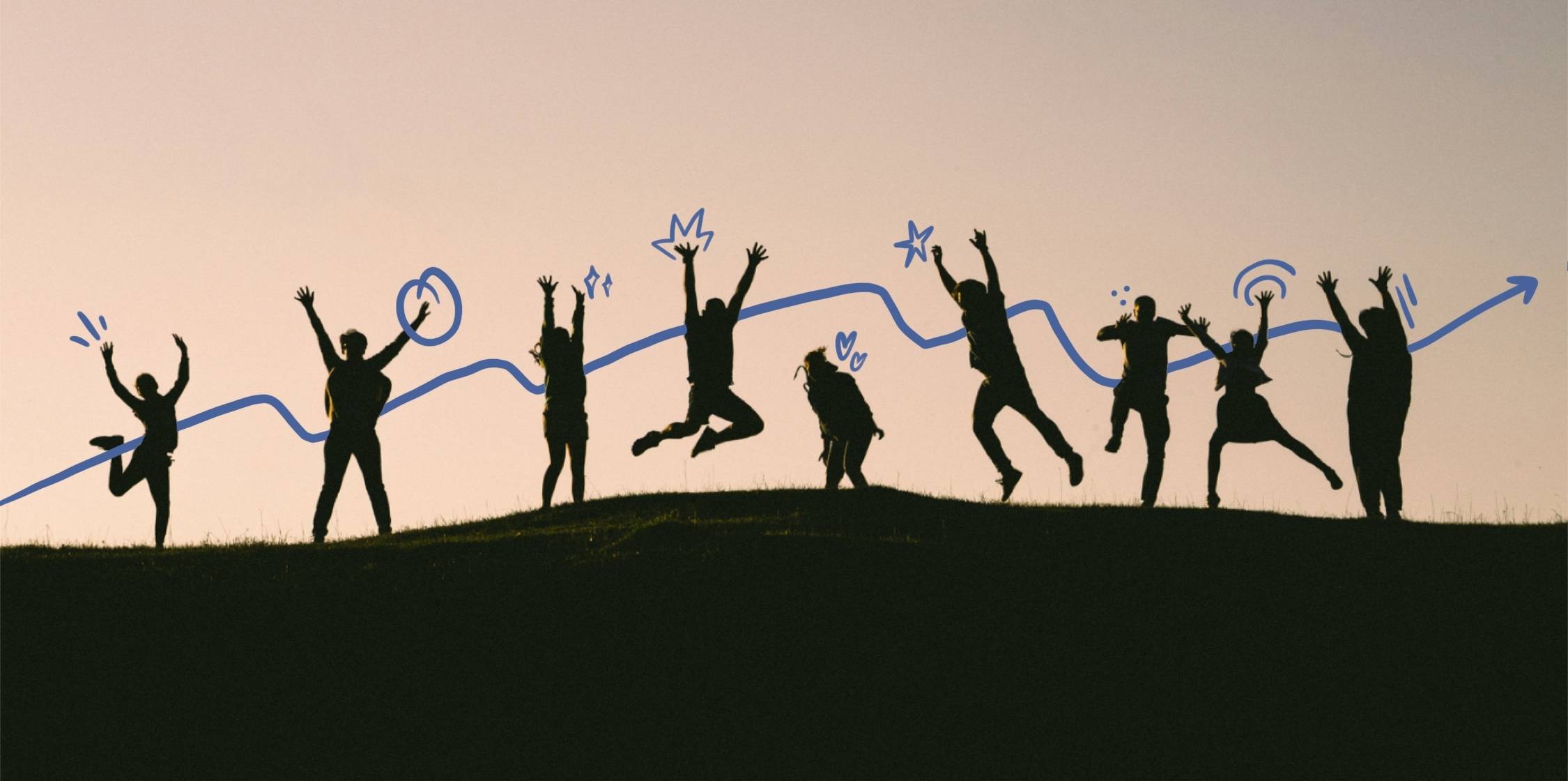 Silhouettes jumping on a hilltop, illustrated stars overlaid