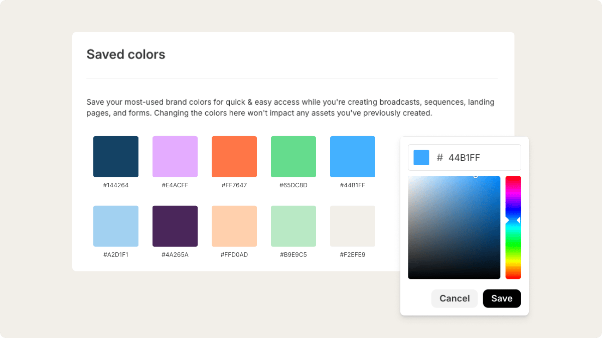 GIF demonstrating how to add saved colors in an interface. The user selects a color using a color picker tool, saves it, and it appears in the list of saved colors for quick access when creating broadcasts, sequences, landing pages, and forms