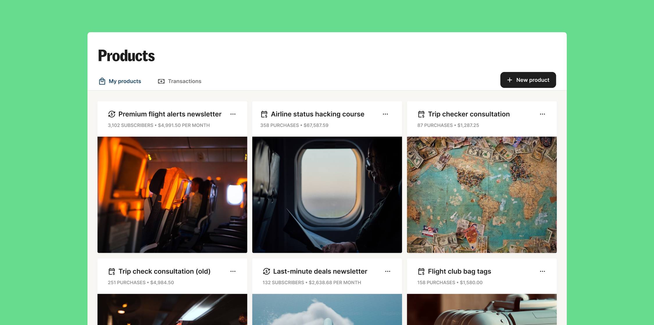 Dashboard of product income streams