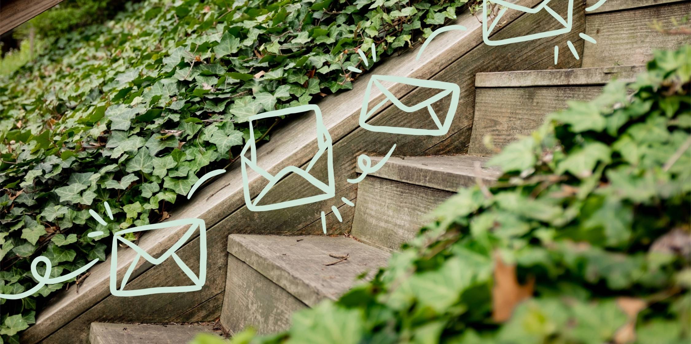 Stone steps with ivy, illustrated envelopes overlaid