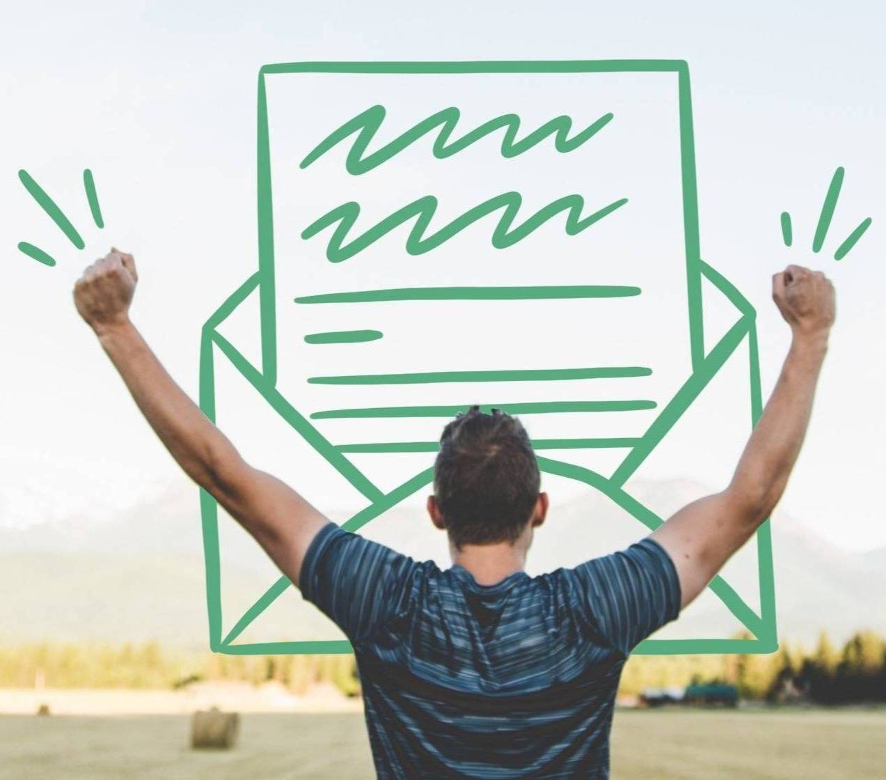 Person raising their arms into the air over overlay of a letter and envelope illustration 