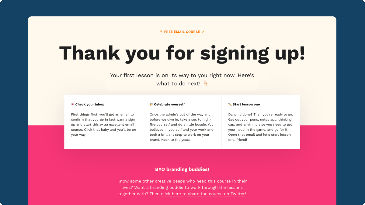 Screenshot of a 'Thank you for subscribing' confirmation page with a scenic background. The page provides three steps: Step 1 to confirm the subscription, Step 2 to share on social media, and Step 3 to write a review, encouraging subscribers to engage further.