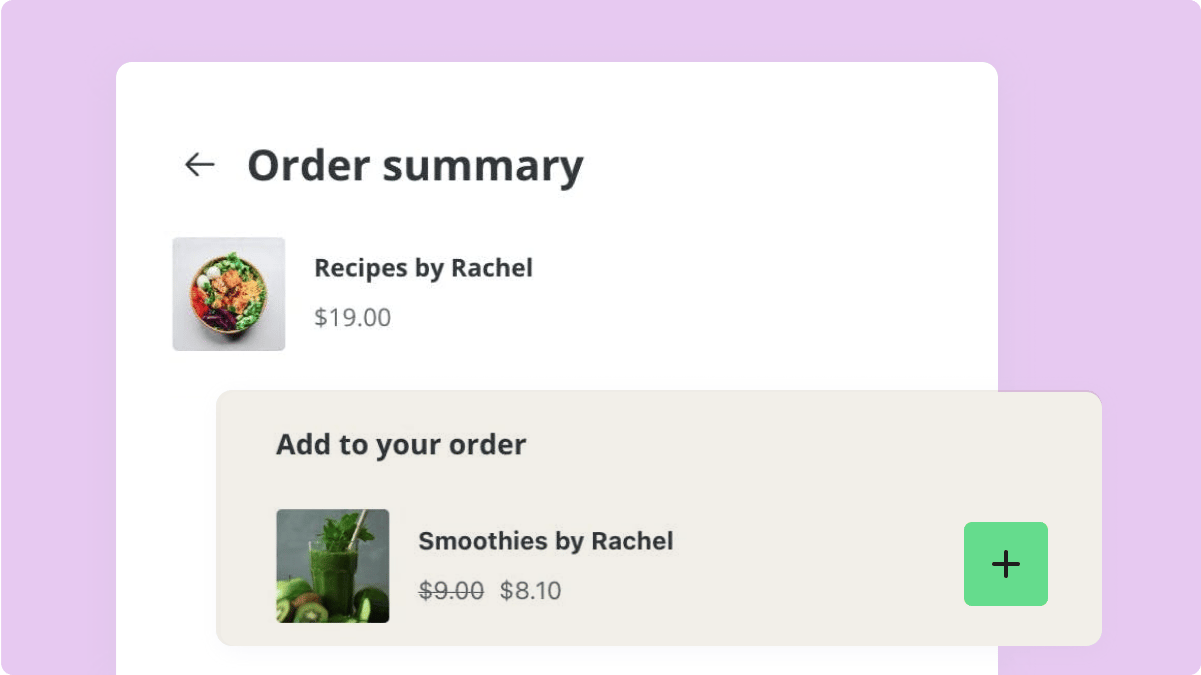 Screenshot of an order summary page with an upsell option to add 'Smoothies by Rachel' to the order at a discounted price.