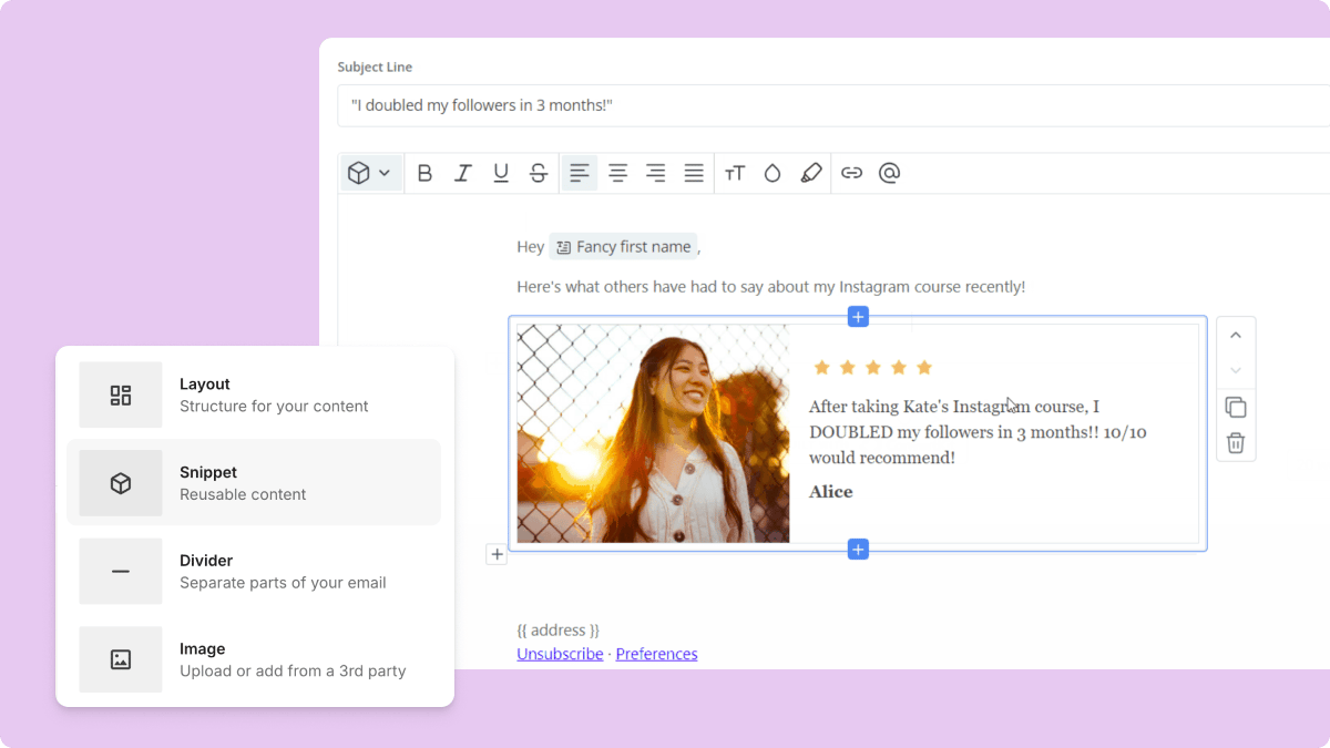GIF of an email editor where a user is adding a snippet. The user clicks on the plus icon in the text area, opens a dropdown menu, and selects 'Snippet' to insert predefined text into the email.