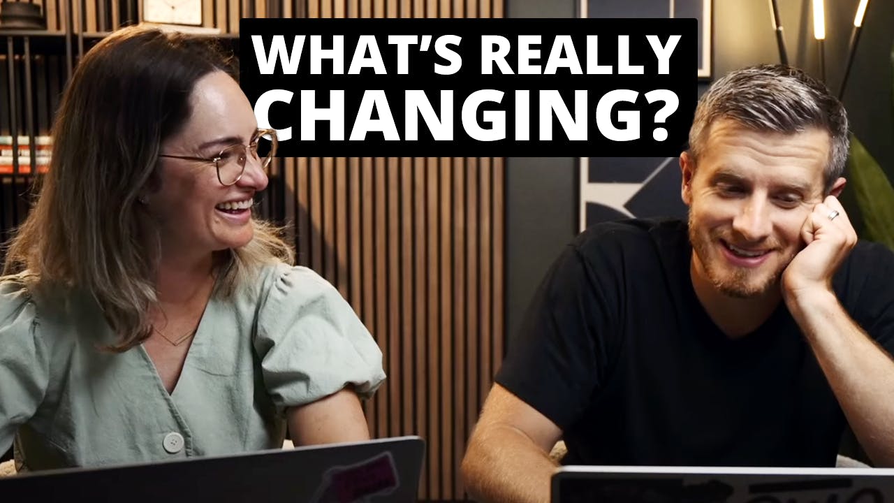 Two people smiling at their laptops with text that reads "What's really changing?"