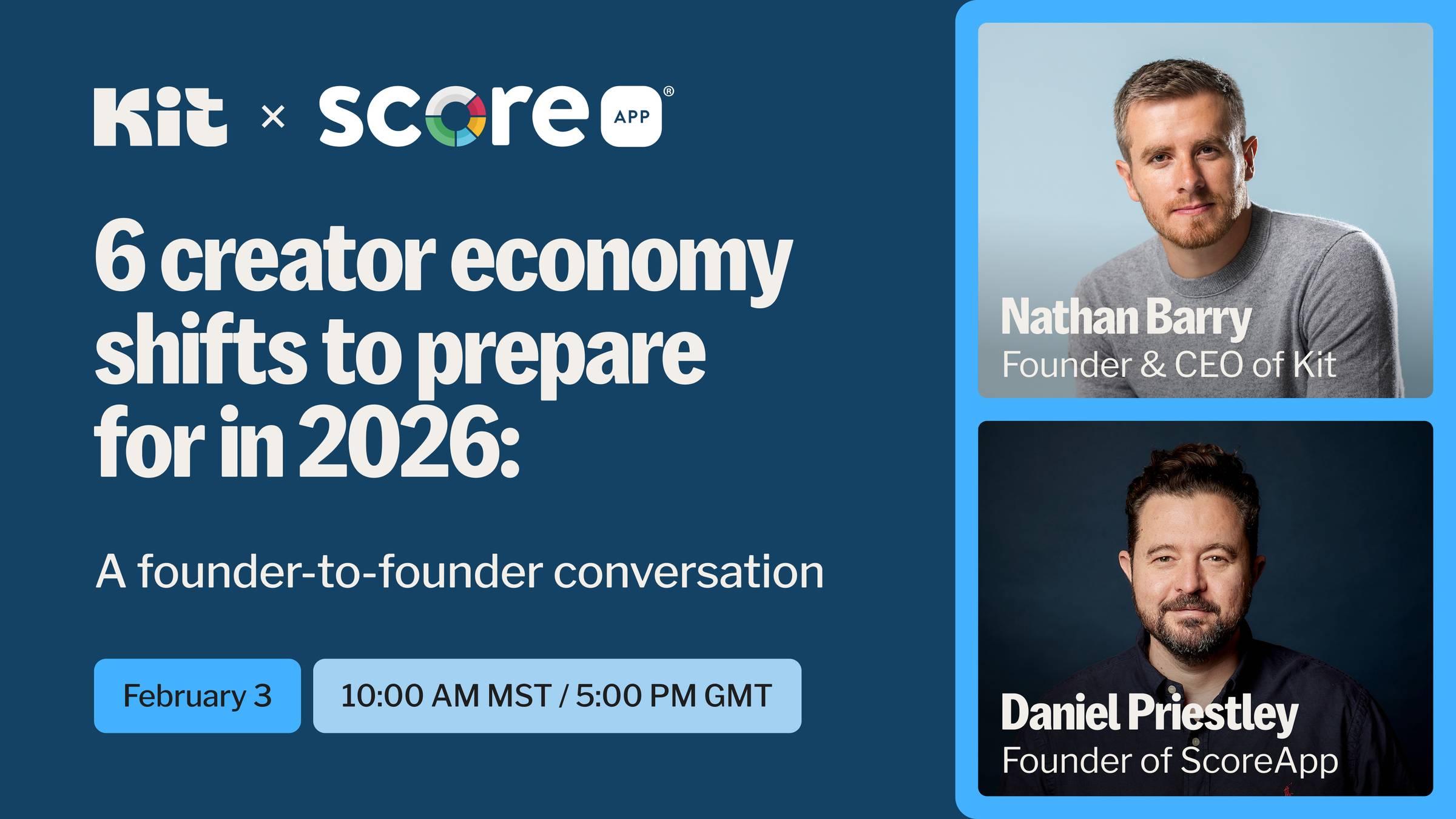  clit and Score app present six creator economy shifts to prepare for in 2026, February 3rd, 10 a.m. Mountain Standard Time, 5 p.m. GMT 