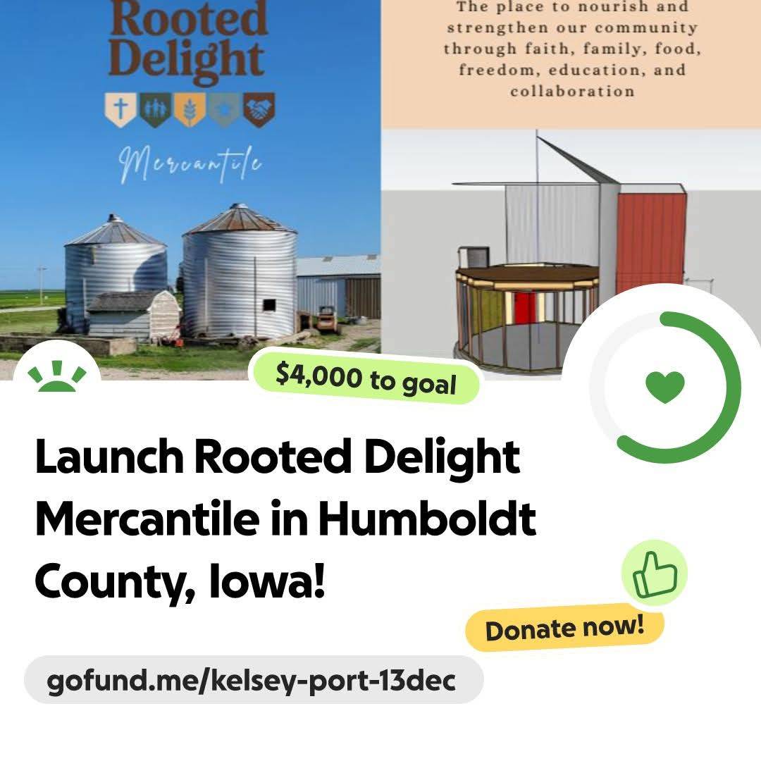 Blue sky over 2 silver grain bins with the words "Rooted Delight Mercantile" on the left, the right side has a description of the store and below there is a computer generated drawing of the bin store all over a description of the gofundme campaign on the