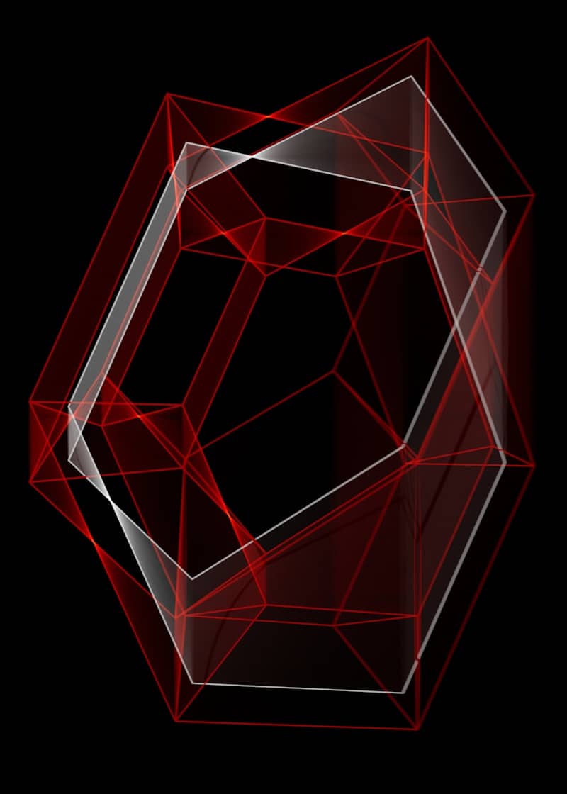 A red and white geometric object on a black background