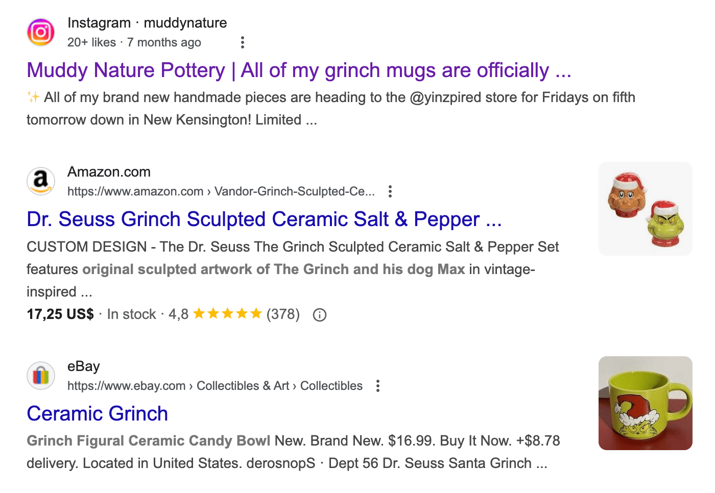 Google search result page for the query 'grinch ceramics'