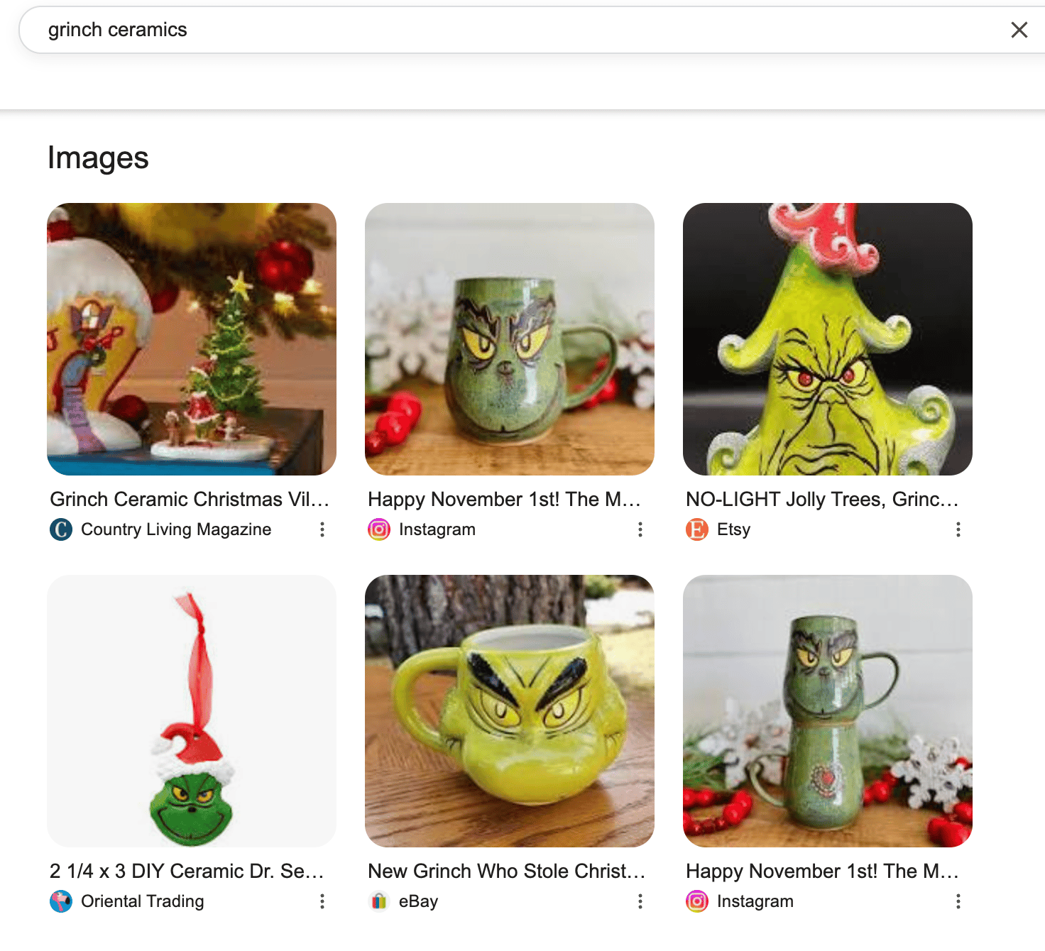Google search result page with images for the query 'grinch ceramics'