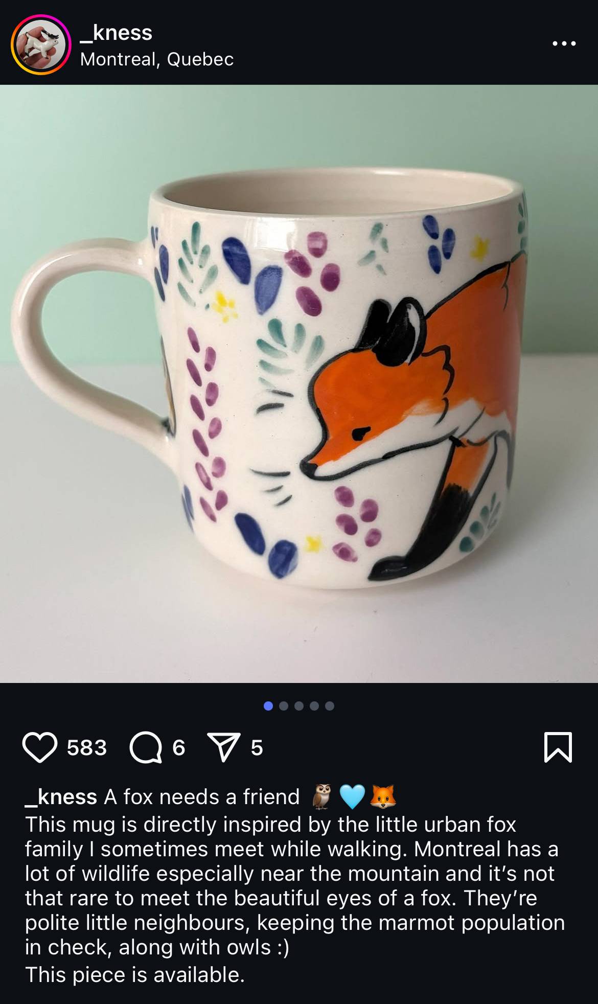 Screenshot of an Instagram post by ceramicist Kness