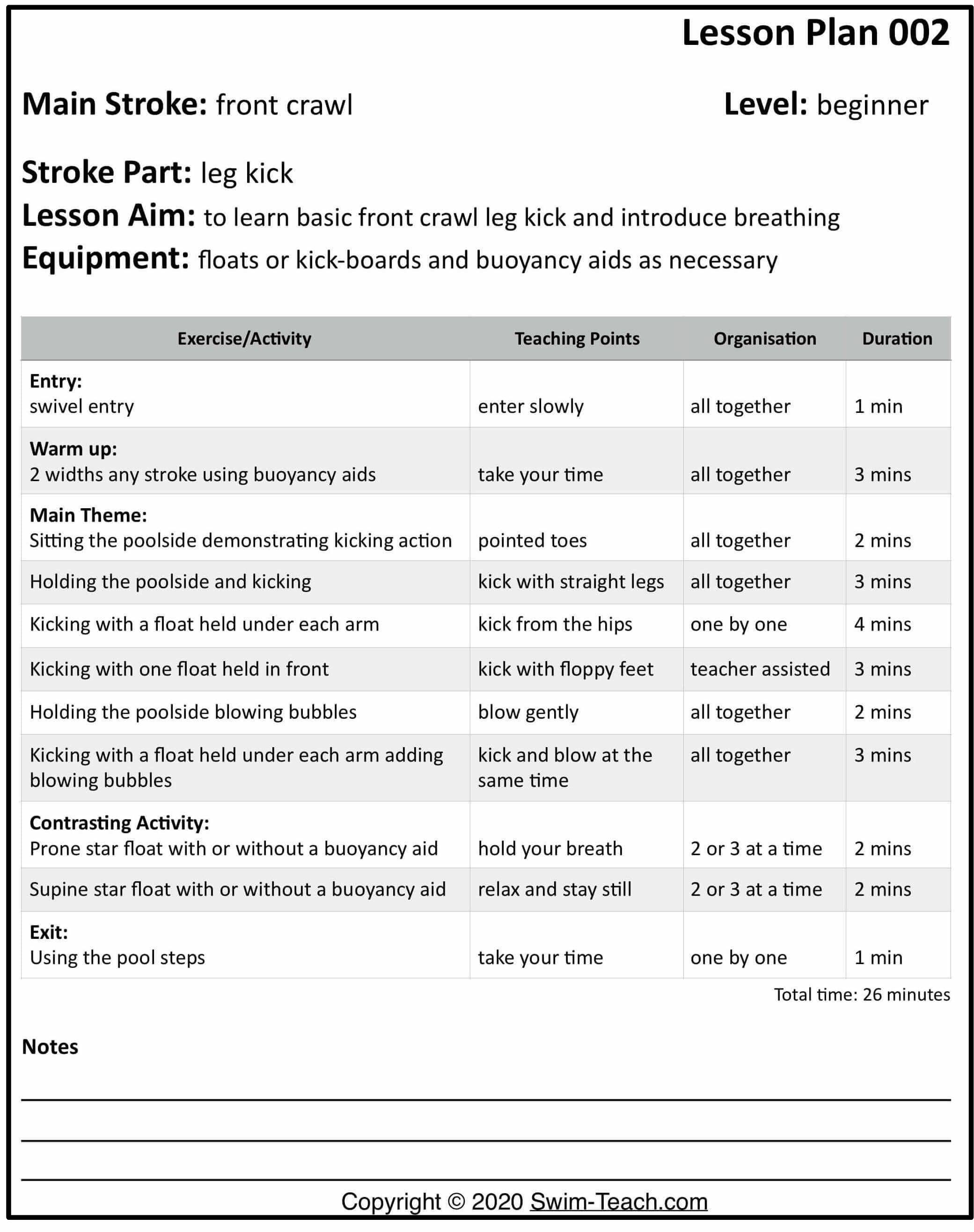 Freestyle leg kick lesson plan