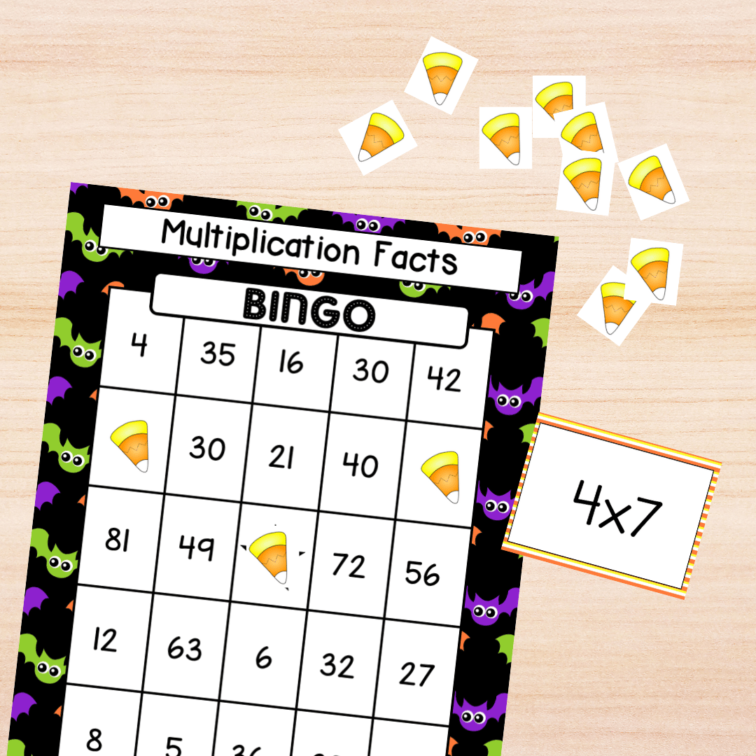 Grab a FREE Octoberthemed multiplication facts bingo game that has a