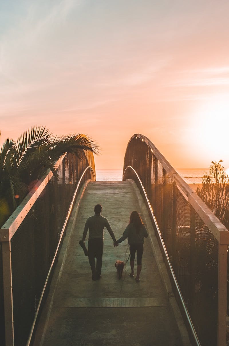 man and woman holding hand while walking on bridge