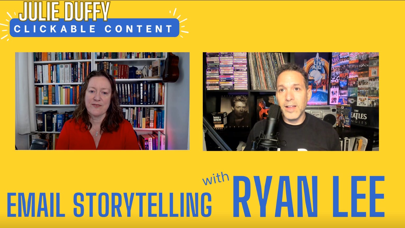 image: YouTube Cover image showing Julie and Ryan with the words Email Storytelling with Ryan Lee in blue on a yellow background