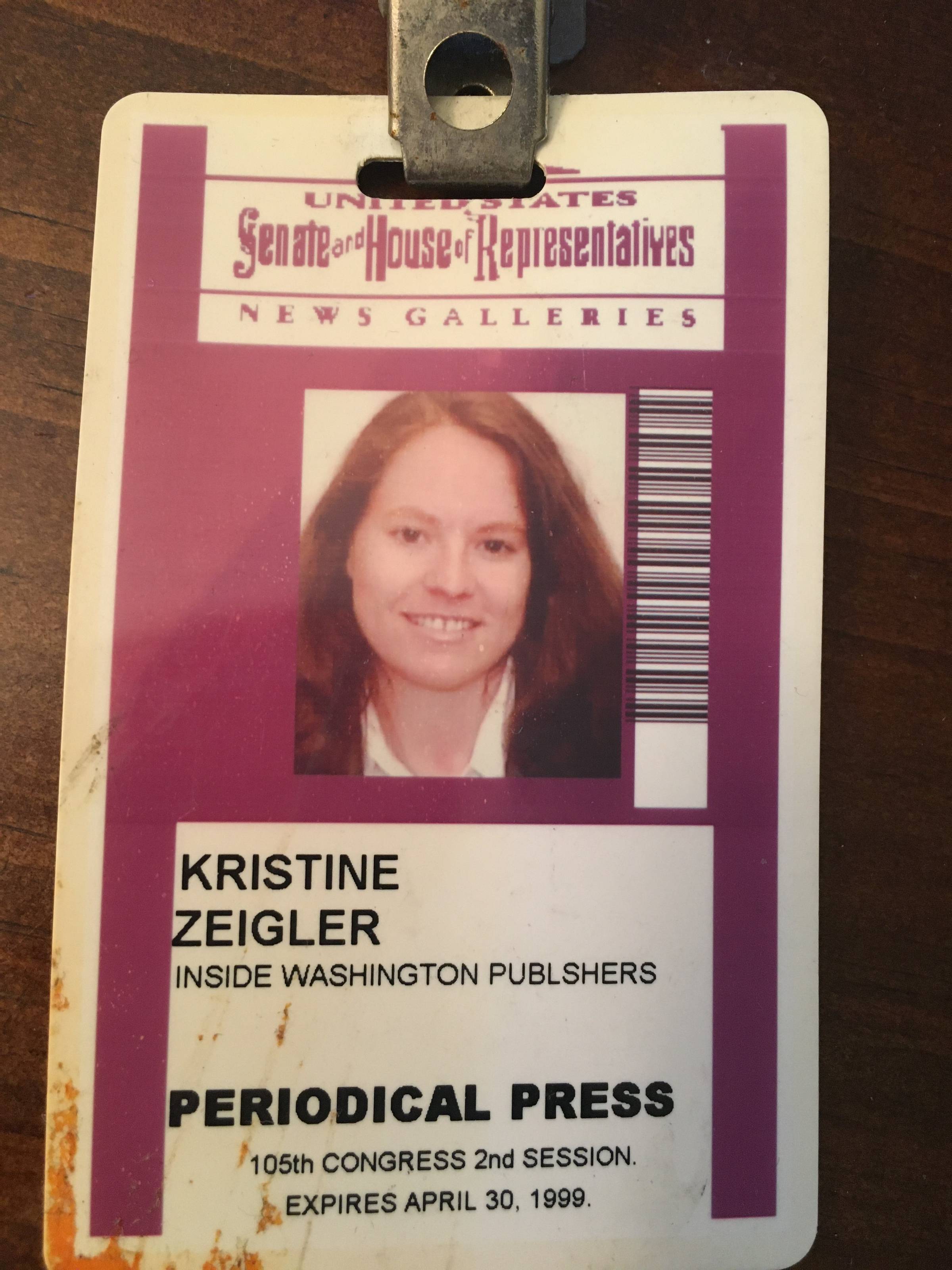 A press identification card for Kristine Zeigler, issued for the United States Senate and House of Representatives, showing her photograph and details about her press credentials.