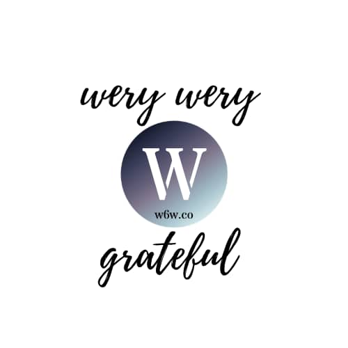 Stylized text on a white background reads "very very grateful" with a gradient circle in the middle containing the letter "W" and the text "w6w.co" below it.