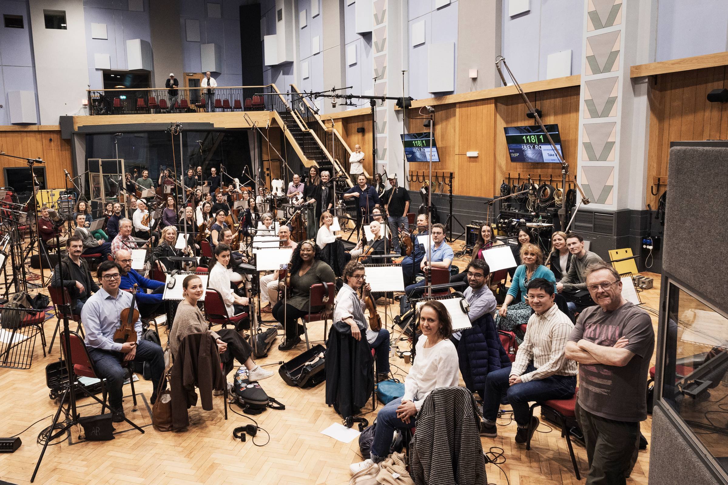 The music duo, Double Keyed, with the London Symphony Orchestra on the day of their recording session at Abbey Road Studios, London UK.