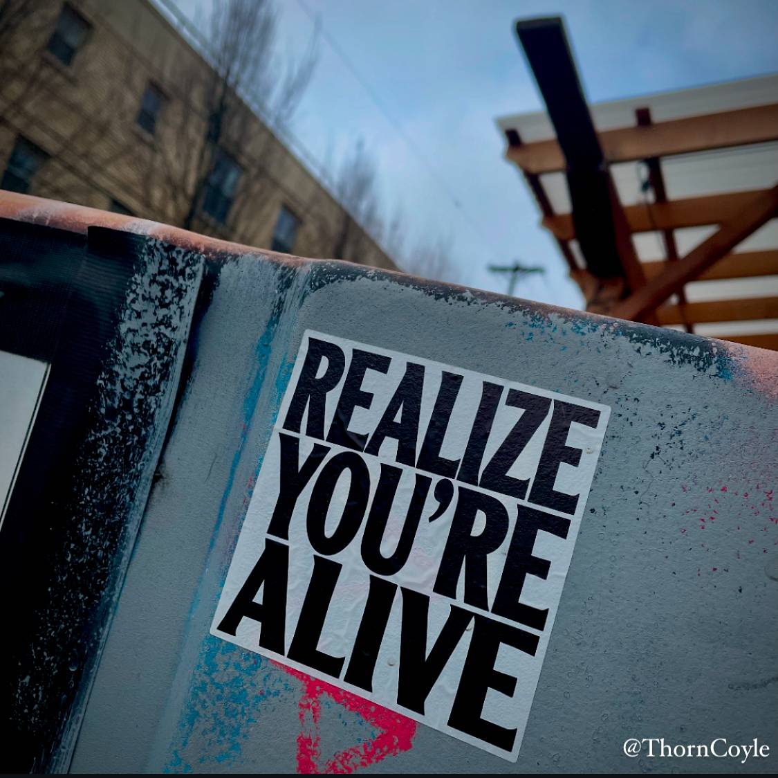 realize you're alive sticker on public barrier