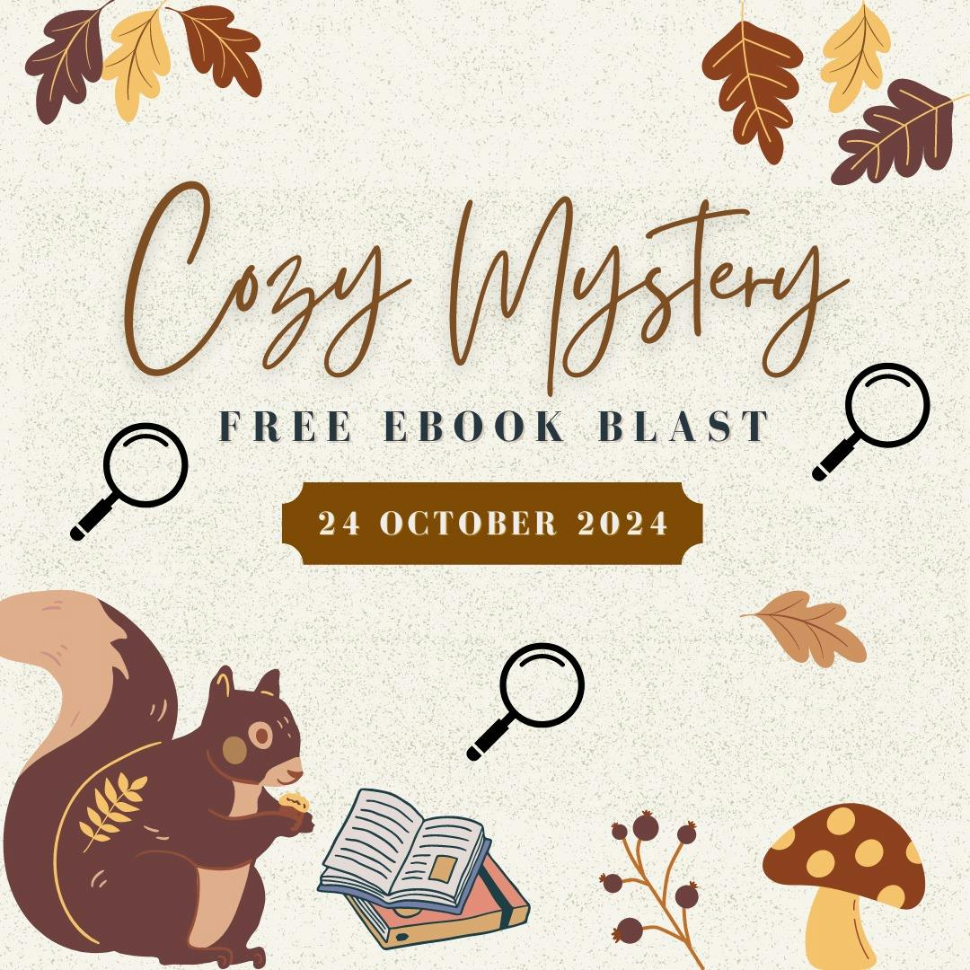 cozy mystery free ebook blast 24 october 2024. squirrel, books, autumn leaves, and magnifying glasses