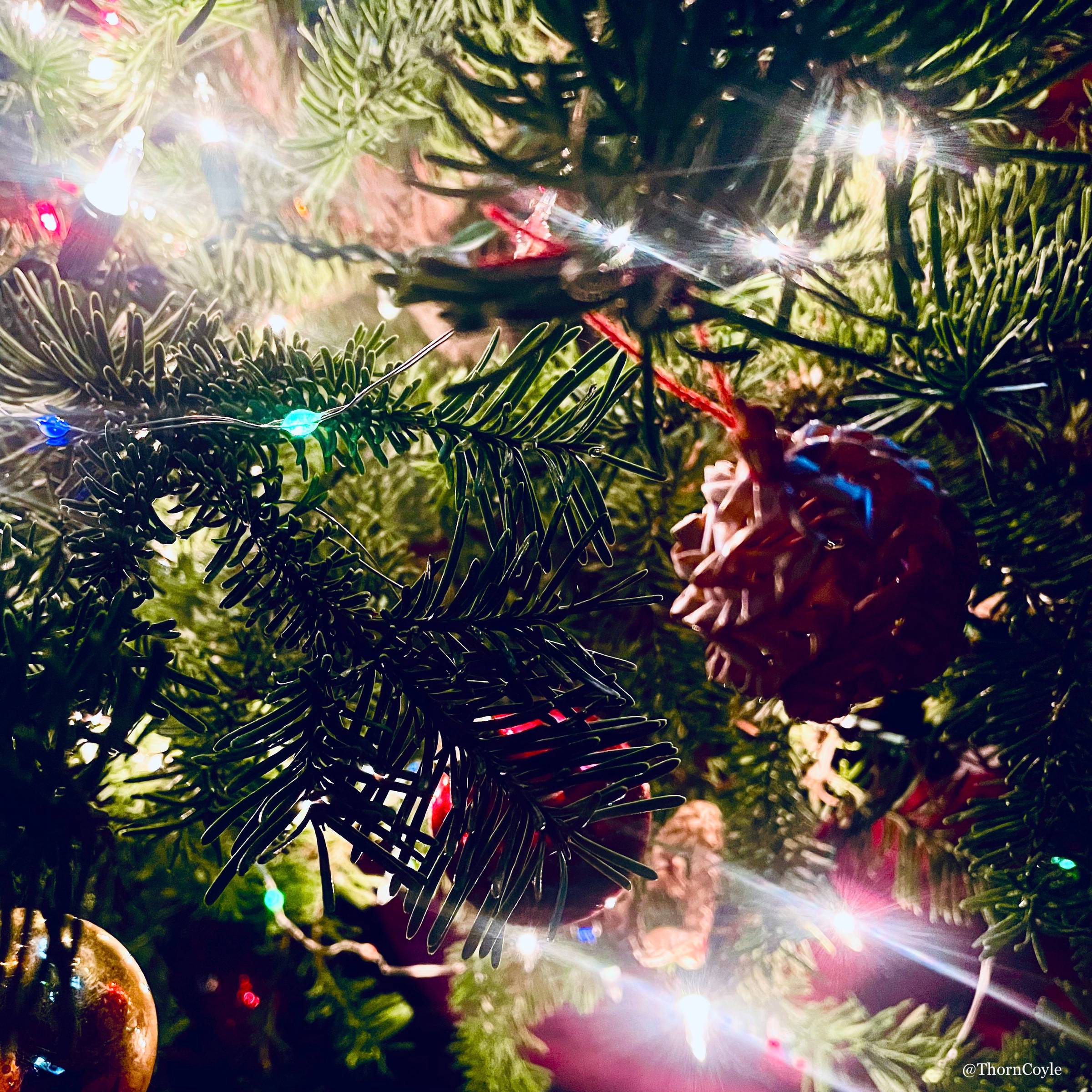 close up of a yule tree lit with colored and white lights, hung with red and gold balls and woven straw ornaments