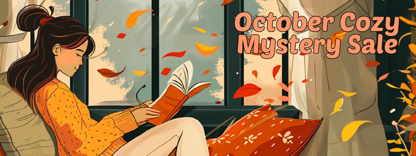 woman reading in a cushioned nook, autumn leaves falling. october cozy mystery sale