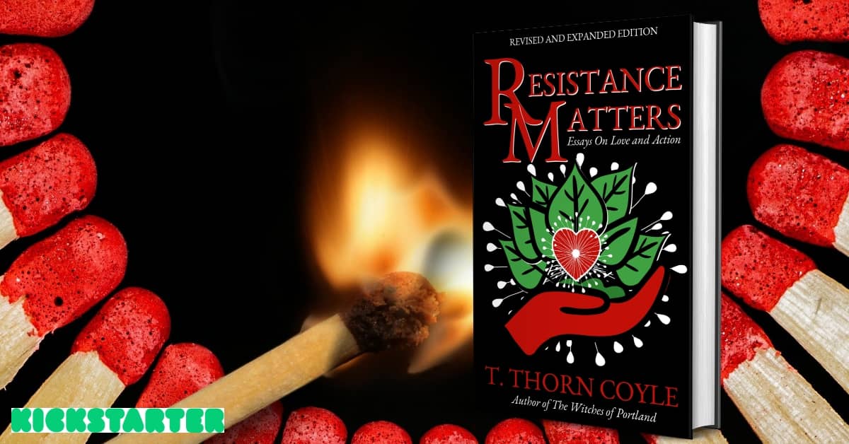 an arc of matches, with one lit. a hardback book: Resistance Matters