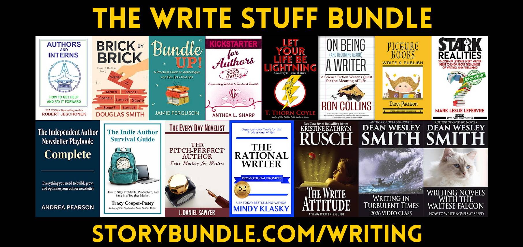 The Write Stuff Bundle. Shows fifteen book covers. story bundle.com/writing