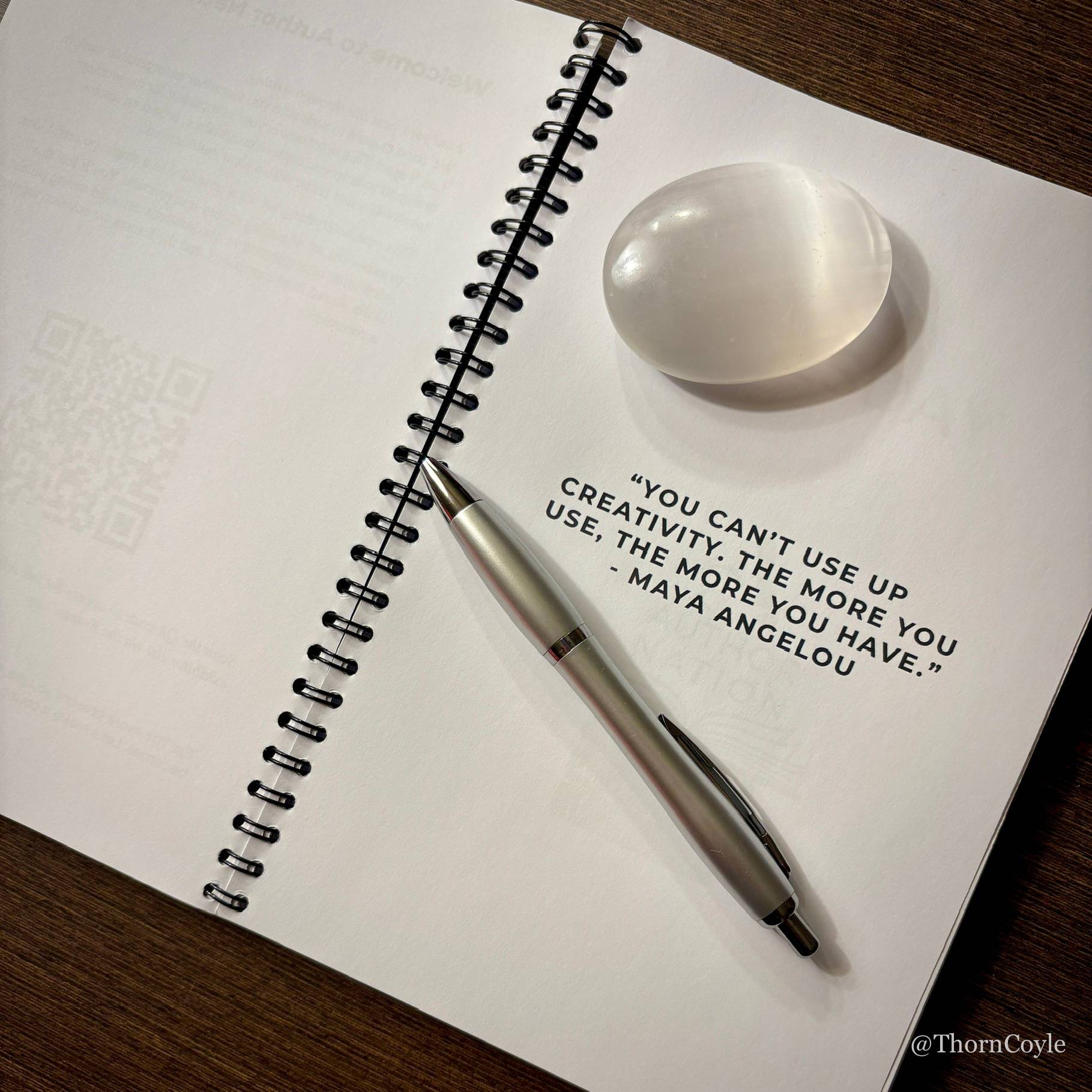 Photo of an open notebook and pen. Quote:    ”You can’t use up creativity. The more you use, the more you have.” Maya Angelou 